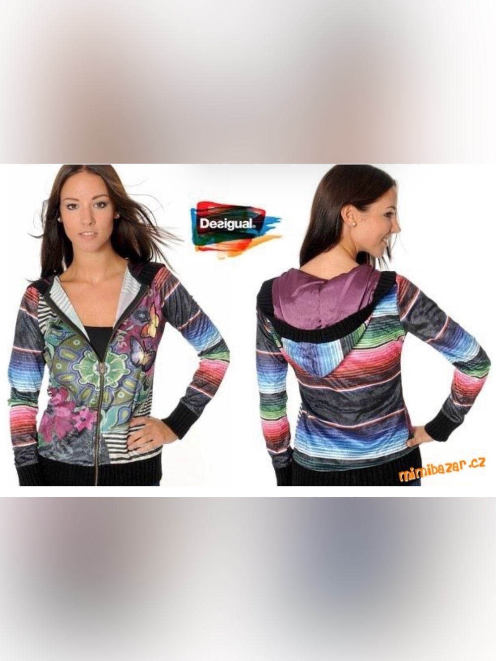 Desigual Multicolor Striped Hoodie Cardigan - Purple, Blue, Green, Pink